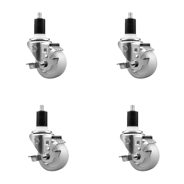 3'' SS Nylon Swivel 1-1/2'' Expanding Stem Caster Set with Brake, 4PK